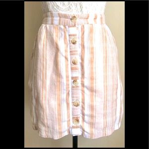 Tan & White Linen Mini Skirt: Vertical Stripes, High Waist, Front Buttons, Sz. L